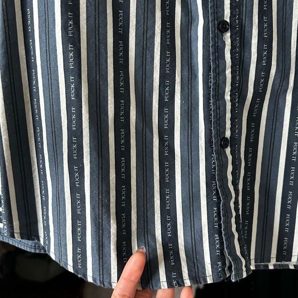 HUF Men's Navy and White Striped Button Down Shirt Funny Message Size- Mens L - Picture 3 of 10